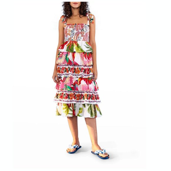 🥭 FARM Rio Mixed White Prints Layered Midi Dress - Picture 3 of 11